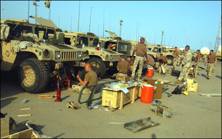 CAMP DOHA, KUWAIT (March 17, 2003) Preparing HWMVV's for war in Iraq, removing Warn winches and installing MileMarker Hydraulic Winches.